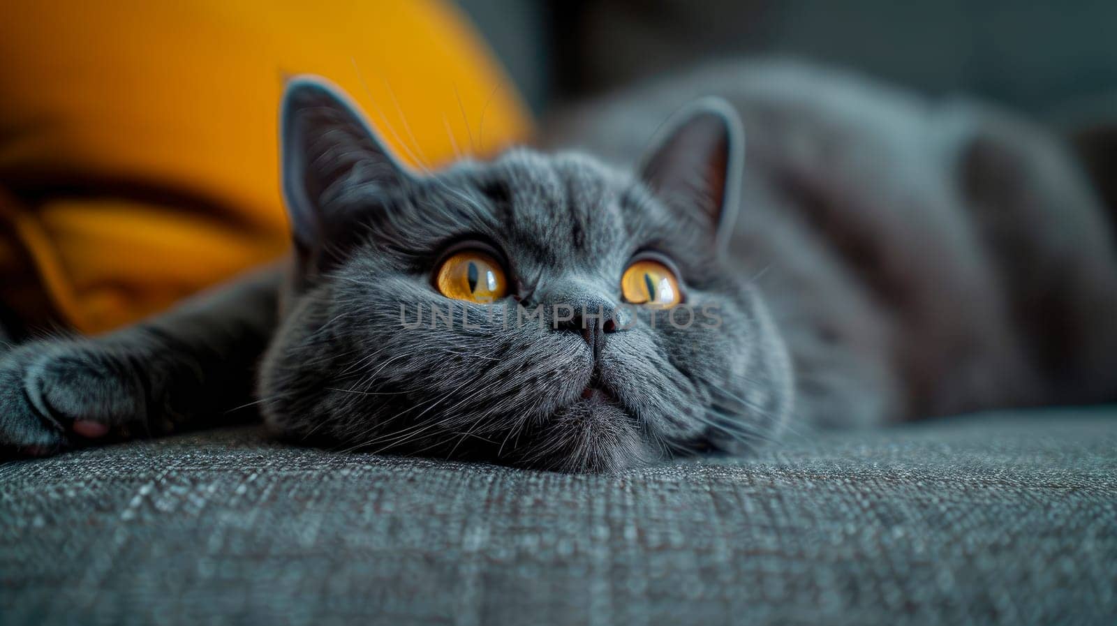 A British shorthair cat laying on the sofa. Close-up view. AI generated