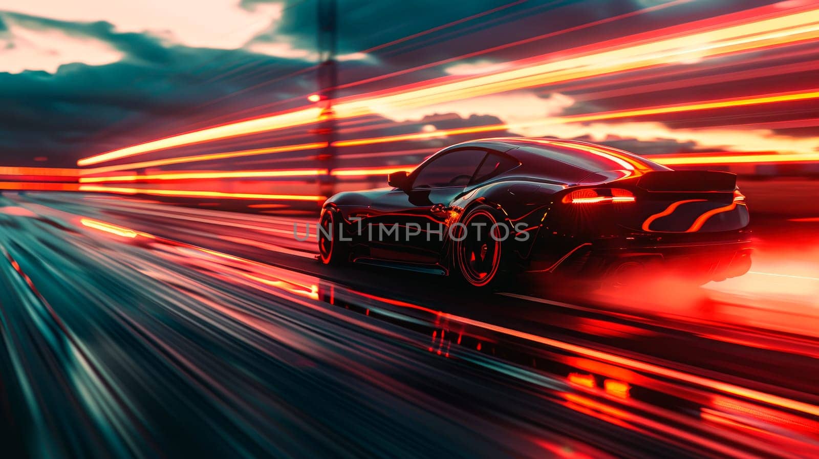 Speeding black car, driving on the highway at night. AI generated