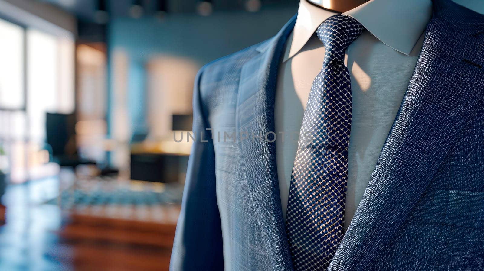 Close-up view of suit with tie on empty modern office background. AI generated
