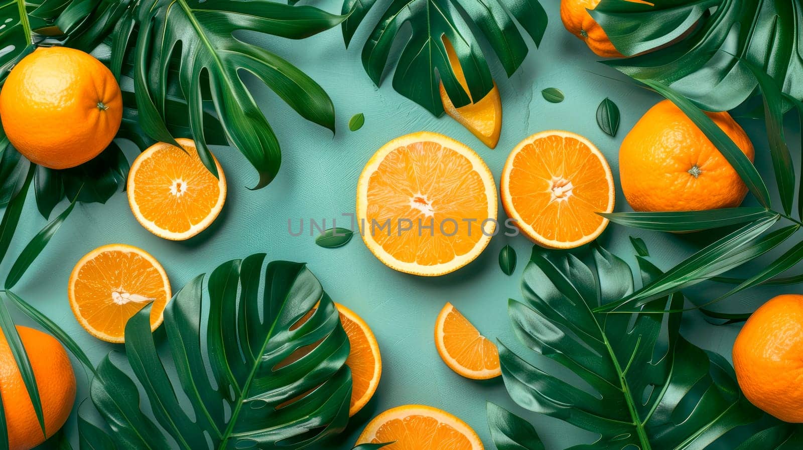 Composition with fresh orange fruits, tropical palm and monstera leaves on a table background. Top view. AI generated
