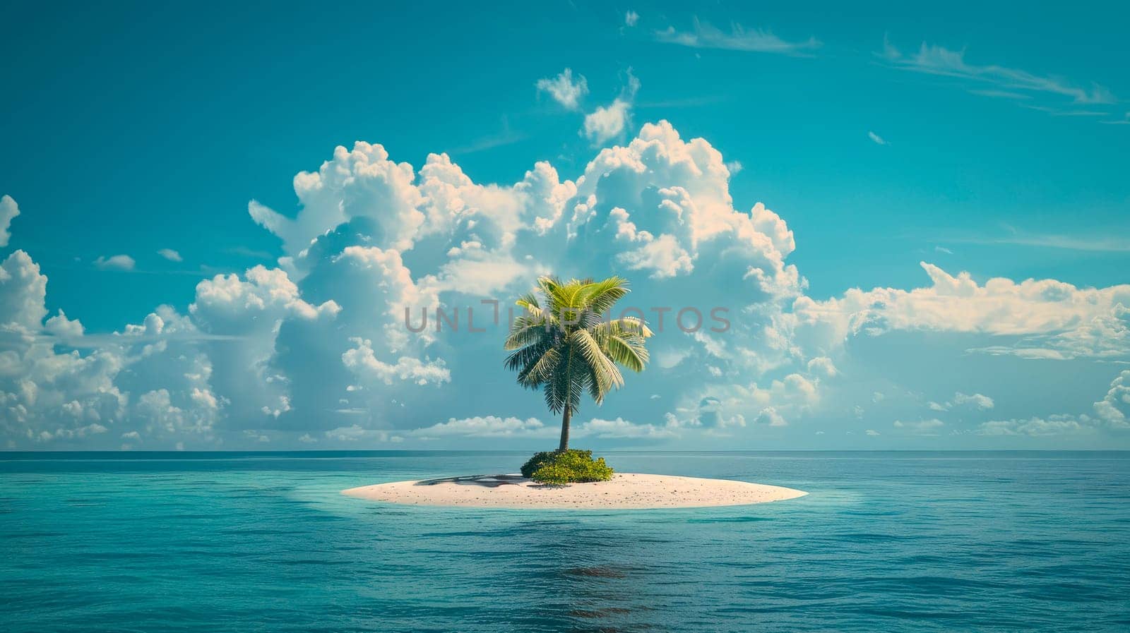 Lonely palm tree on a small sandy island in the middle of blue water in a calm ocean. Tropical getaway concept. AI generated