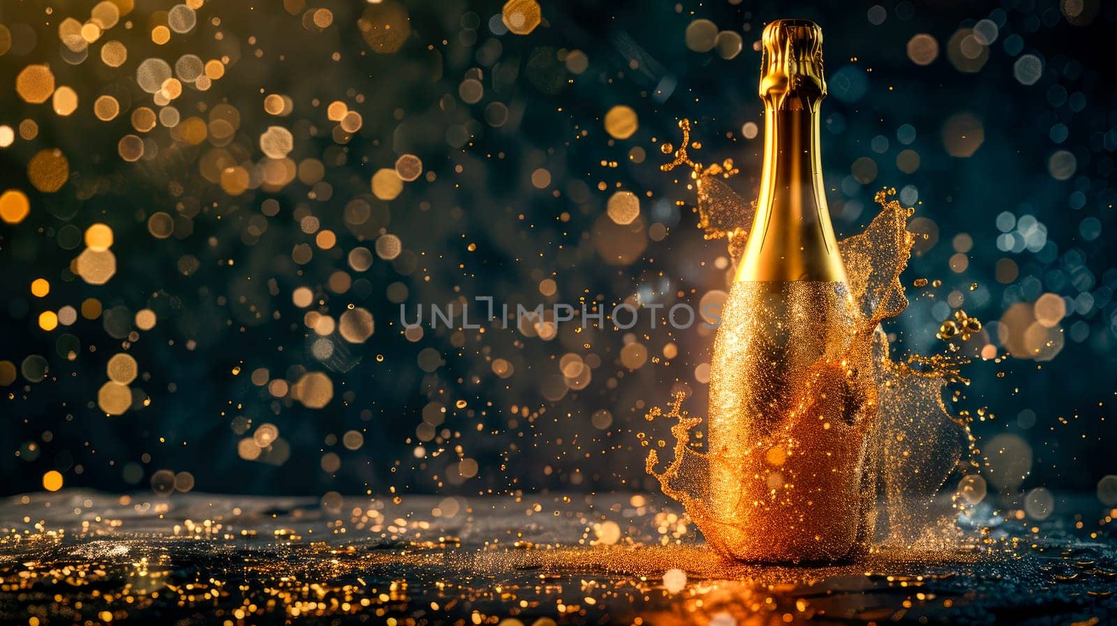 Champagne splash over a full golden bottle. Celebration concept. AI generated