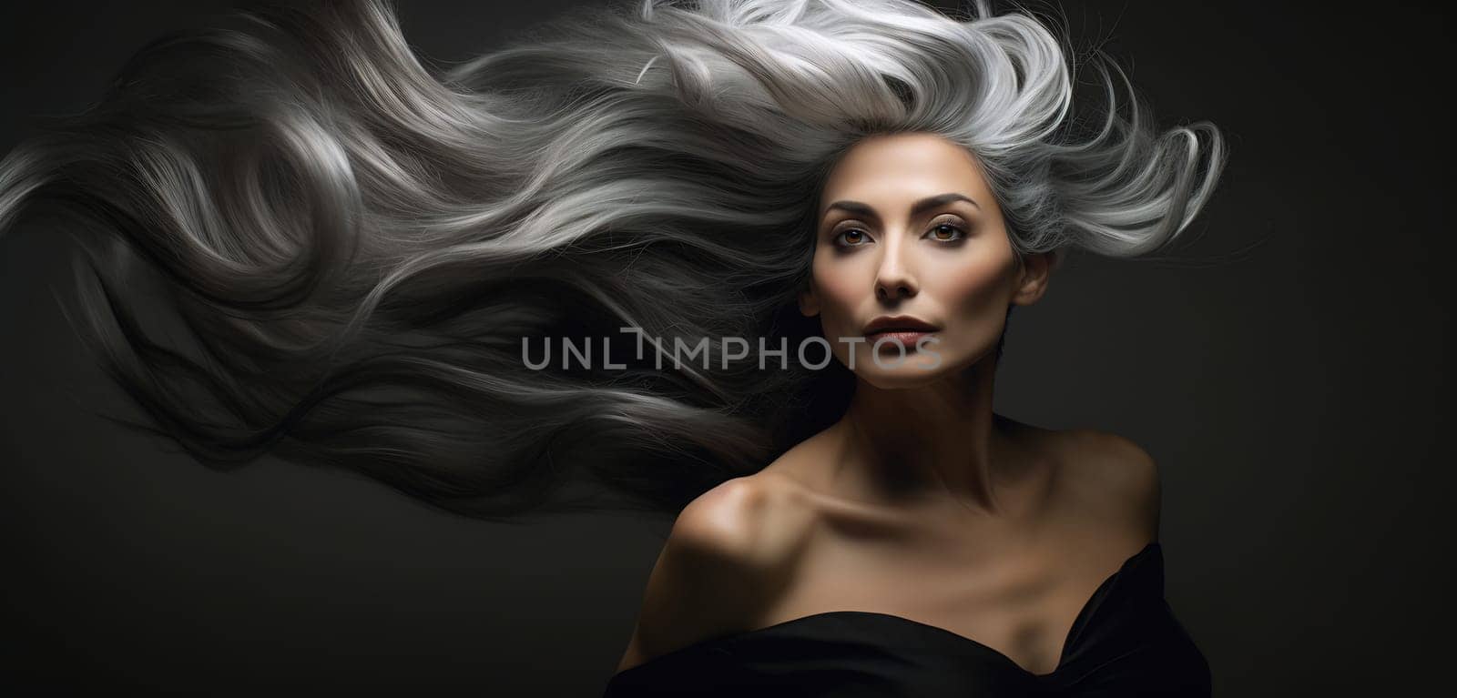 Dramatic image of a woman with swirling silver hair and a gaze that captivates.