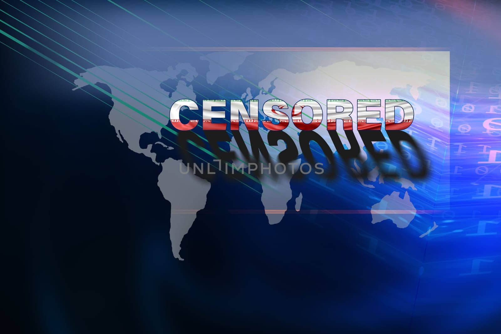 Censored text in front of world map and digital binary code