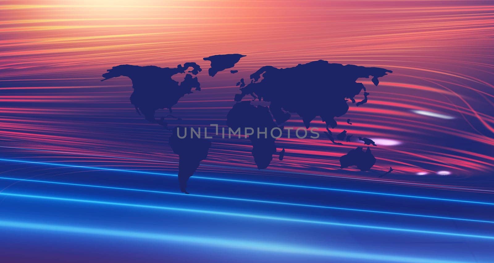 Graphical world map with wave lines at sky, communication and technology concept-3d illustration