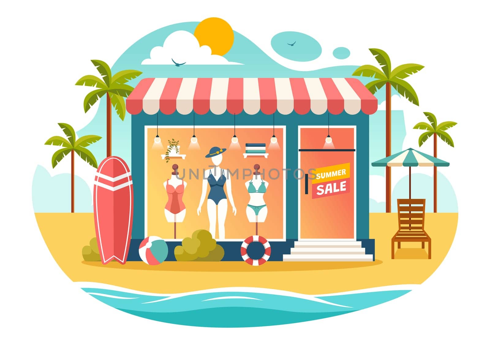 Swimwear Vector Illustration featuring a Variety of Bikini and Swimsuit Designs for Both Women and Men at the Summer Beach in a Flat Style Background