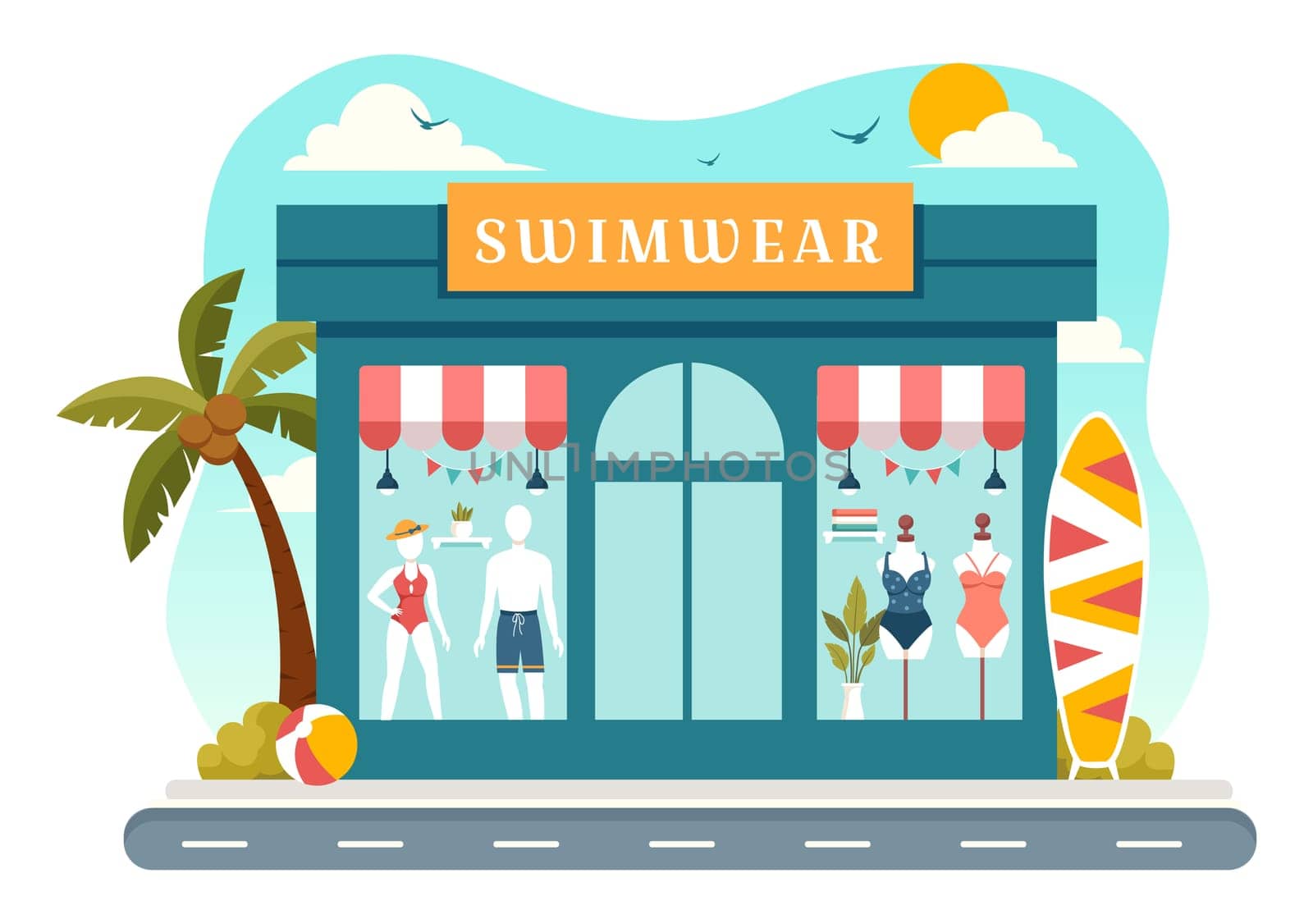 Swimwear Vector Illustration featuring a Variety of Bikini and Swimsuit Designs for Both Women and Men at the Summer Beach in a Flat Style Background