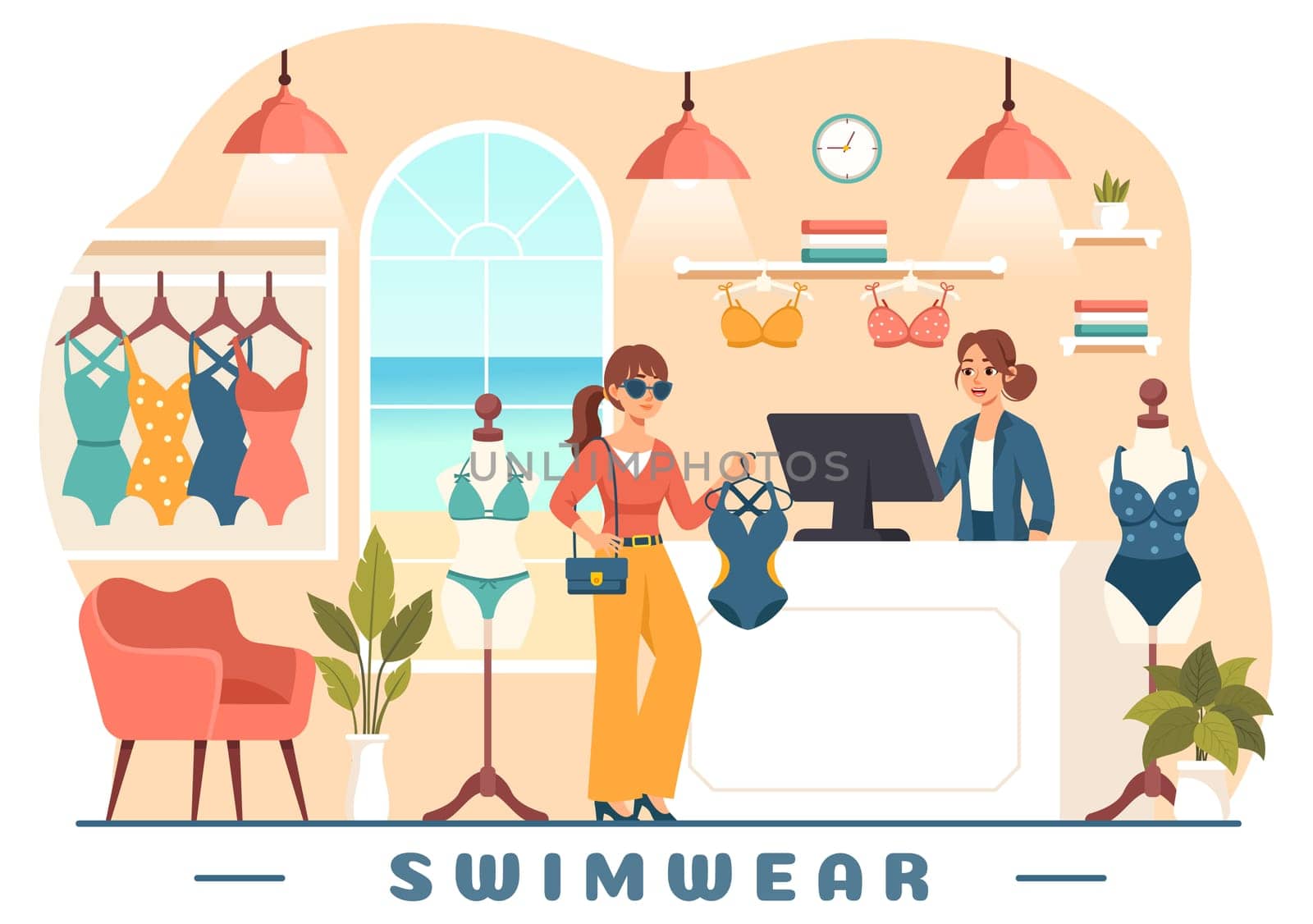 Swimwear Vector Illustration featuring a Variety of Bikini and Swimsuit Designs for Both Women and Men at the Summer Beach in a Flat Style Background