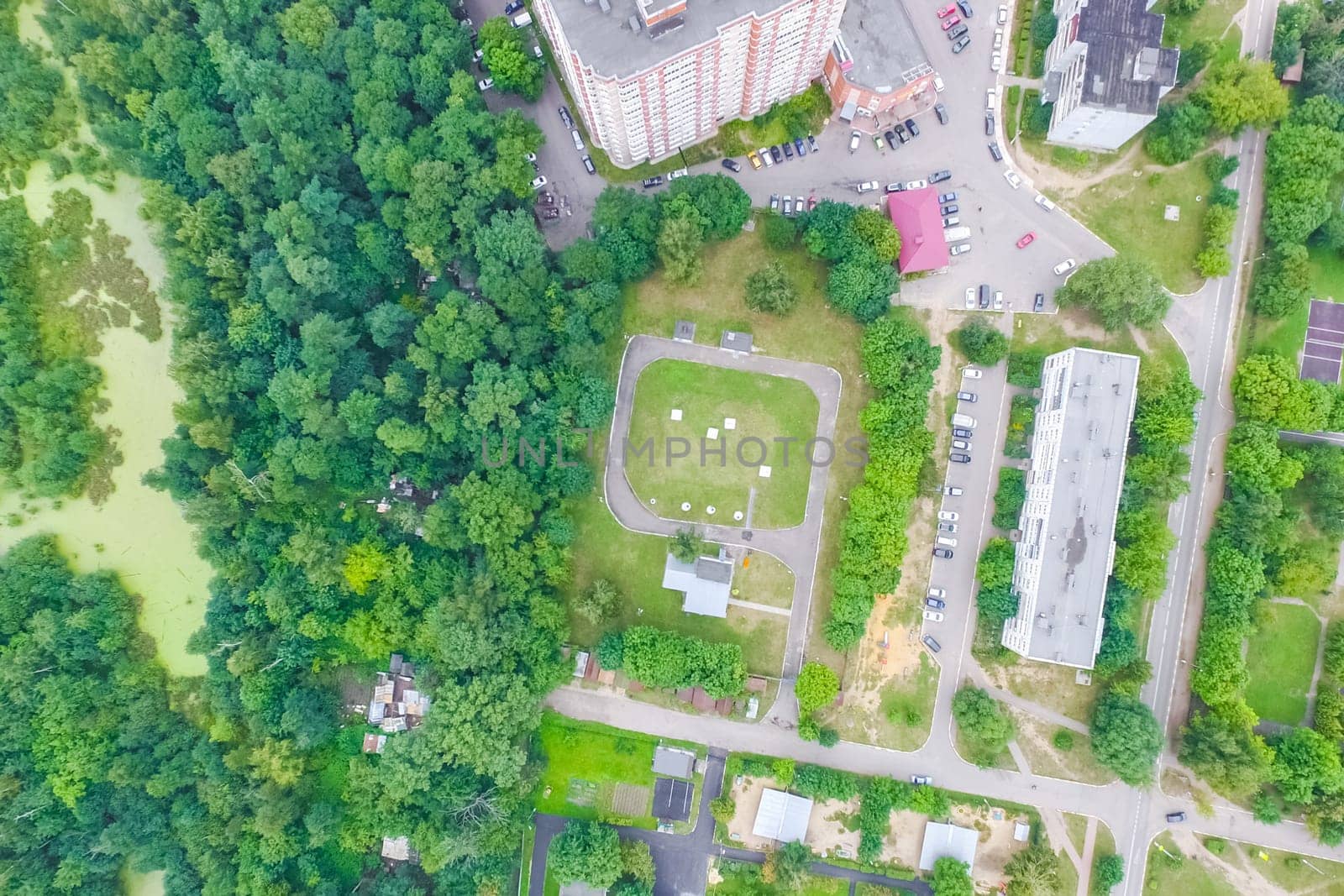 Top view of the village, fields and forests near the village
