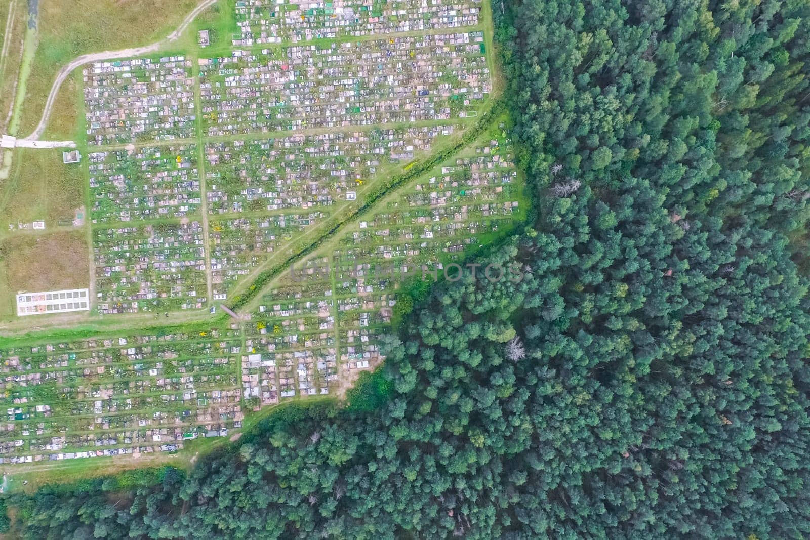 Top view of the village, fields and forests near the village