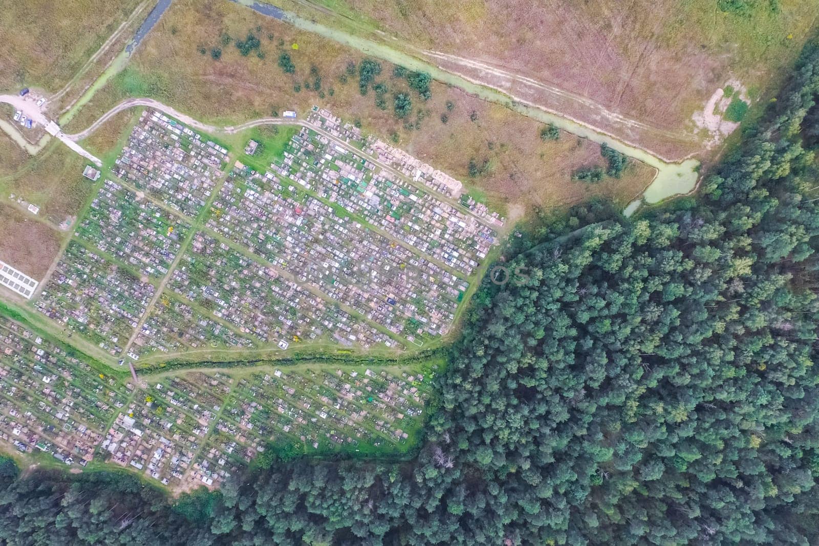 Top view of the village, fields and forests near the village