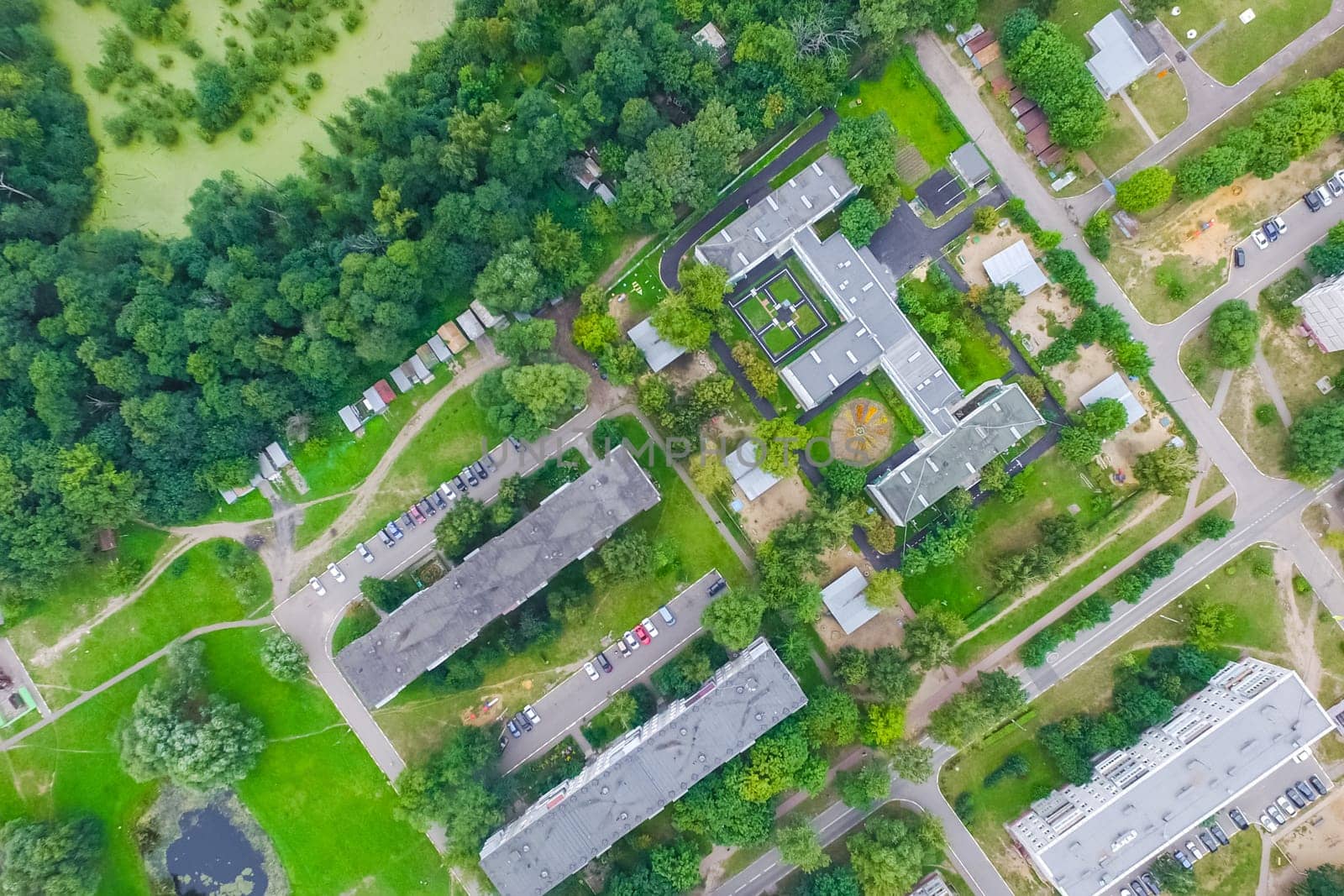 Top view of the village, fields and forests near the village