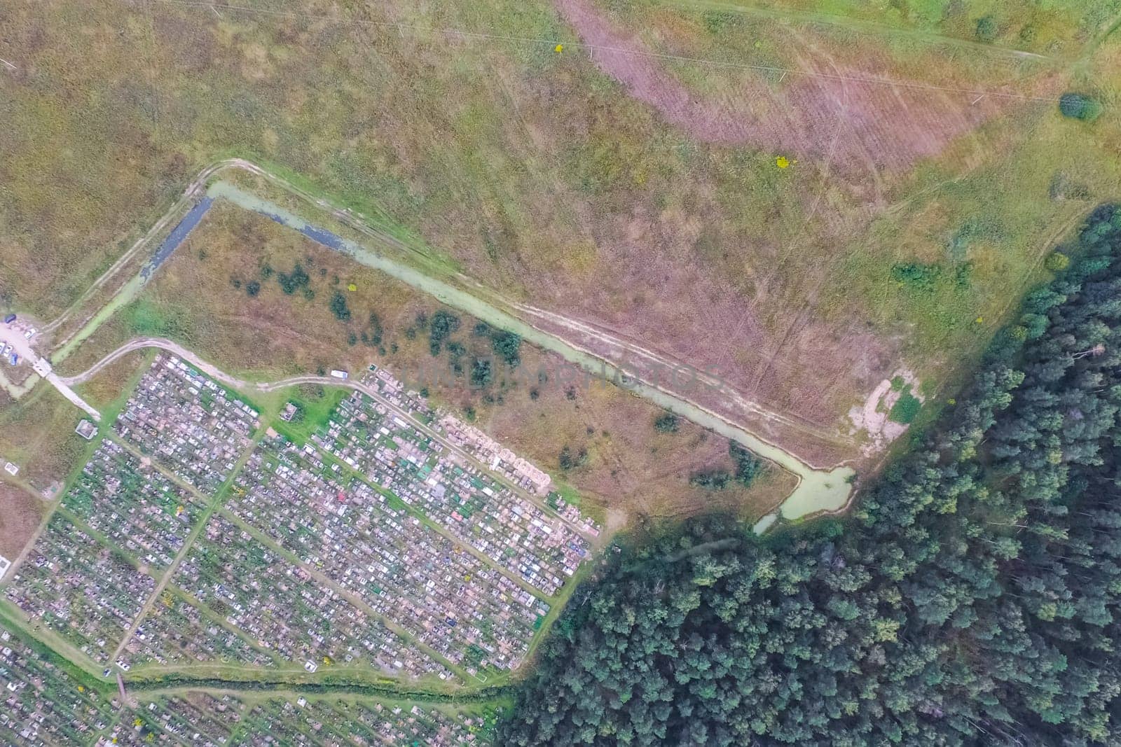 Top view of the village, fields and forests near the village