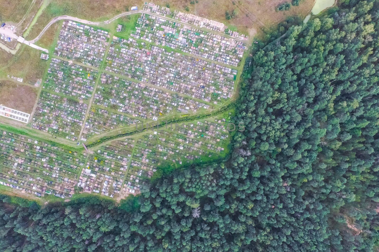 Top view of the village, fields and forests near the village