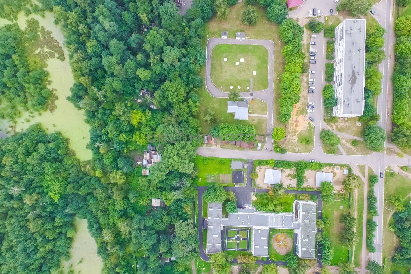 Top view of the village, fields and forests near the village