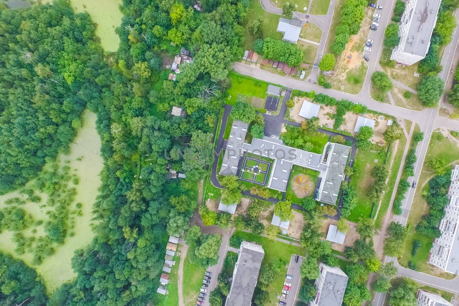 Top view of the village, fields and forests near the village