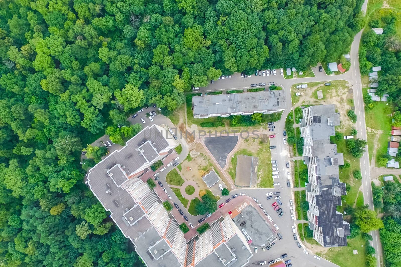 Top view of the village, fields and forests near the village
