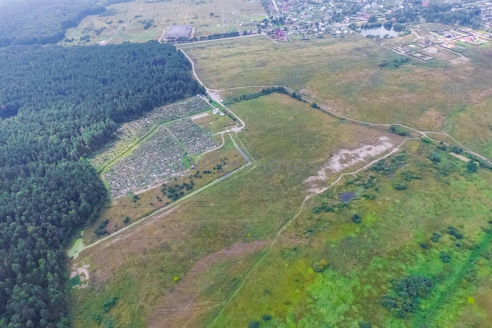 Top view of the village, fields and forests near the village