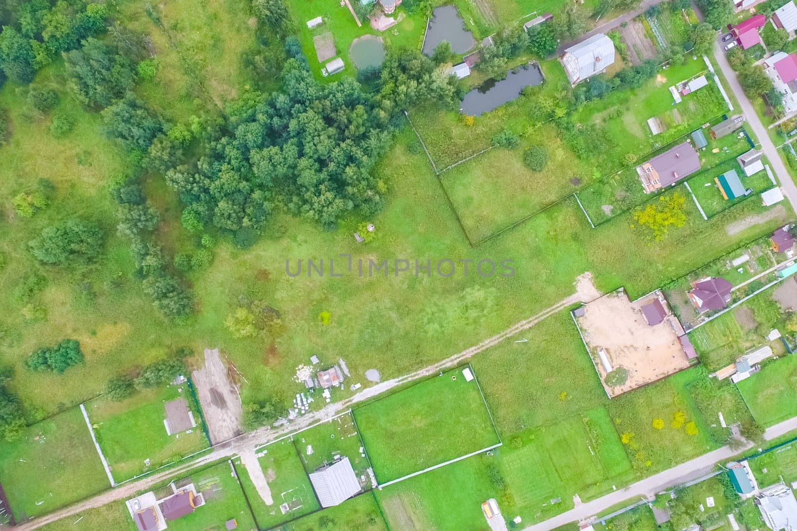 Top view of the village, fields and forests near the village