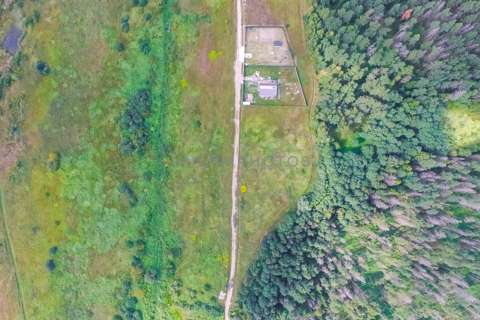 Top view of the village, fields and forests near the village