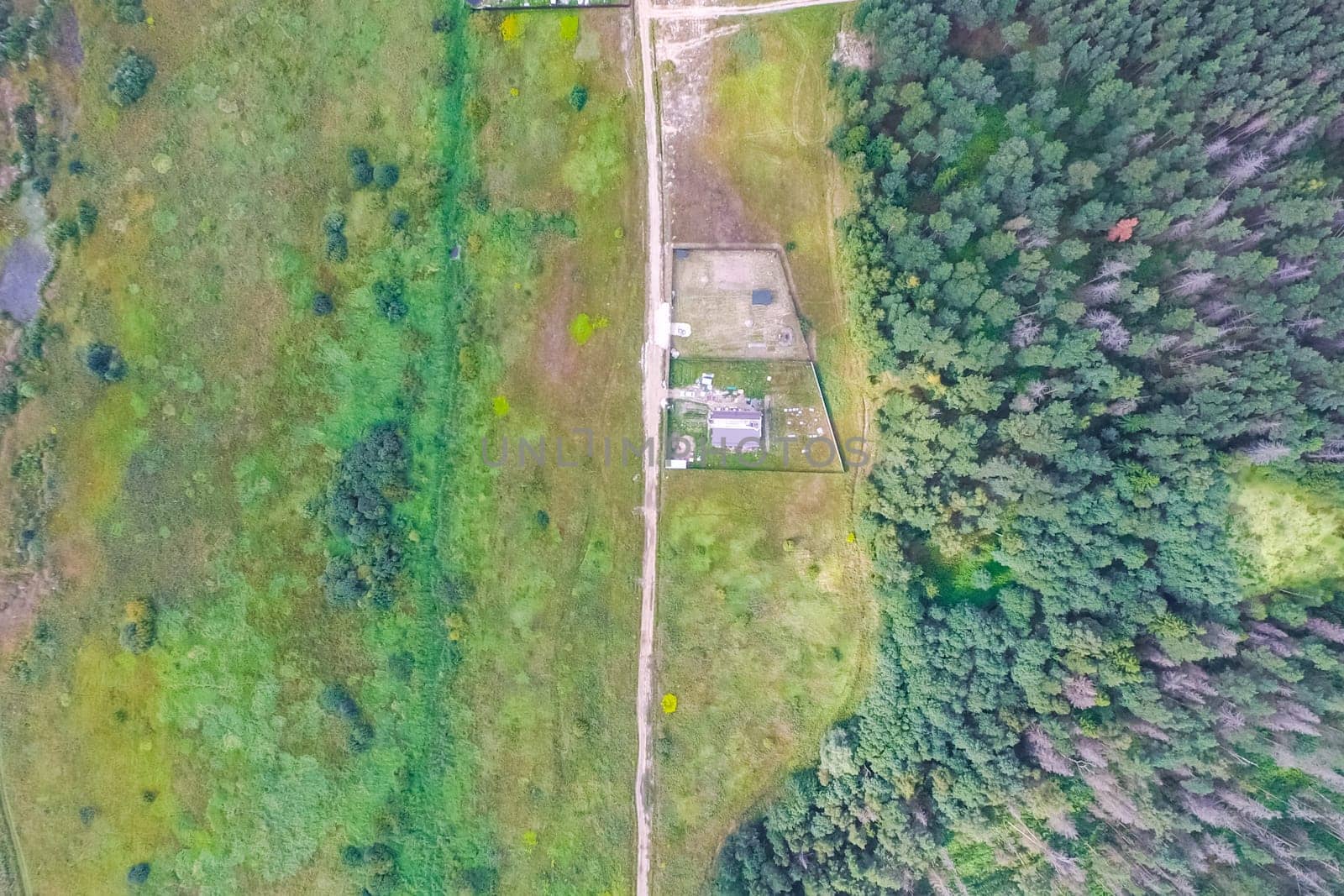 Top view of the village, fields and forests near the village