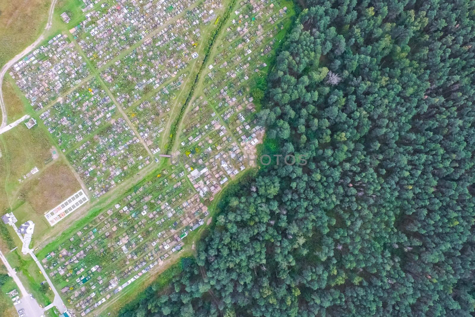 Top view of the village, fields and forests near the village