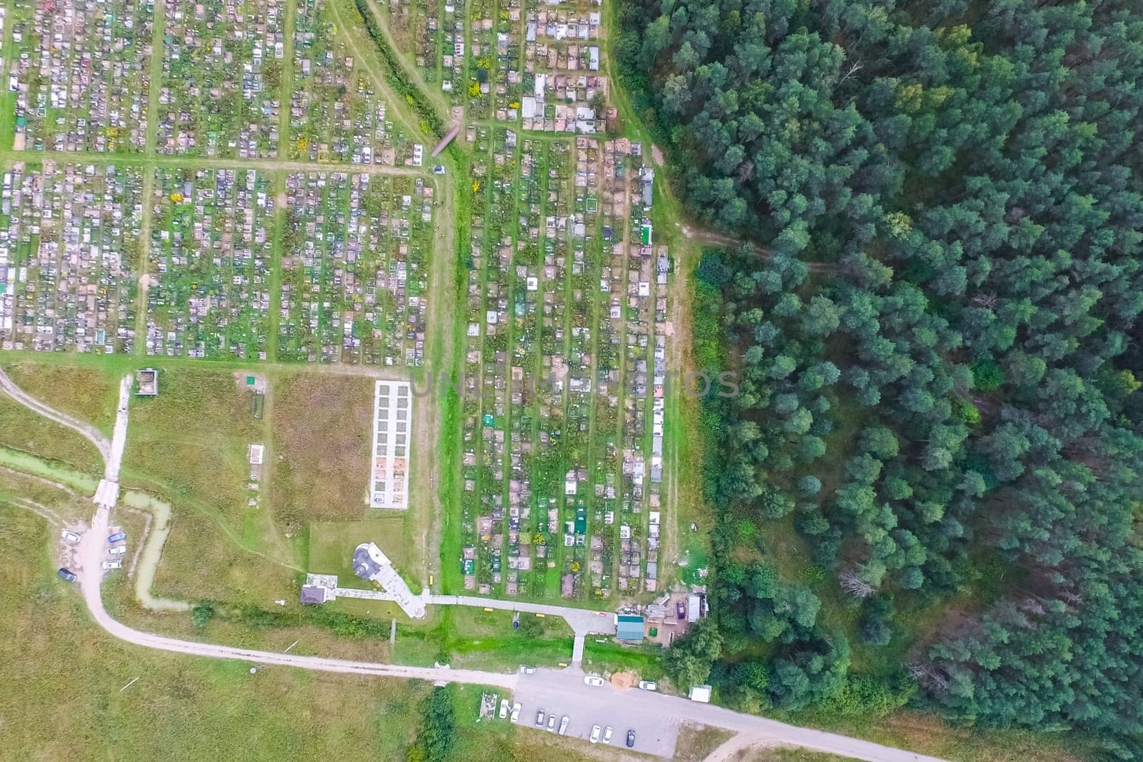 Top view of the village, fields and forests near the village