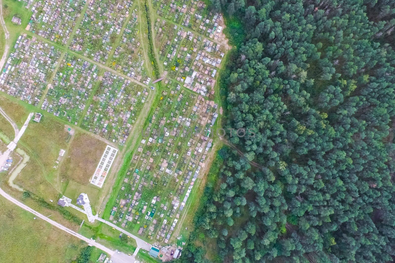 Top view of the village, fields and forests near the village