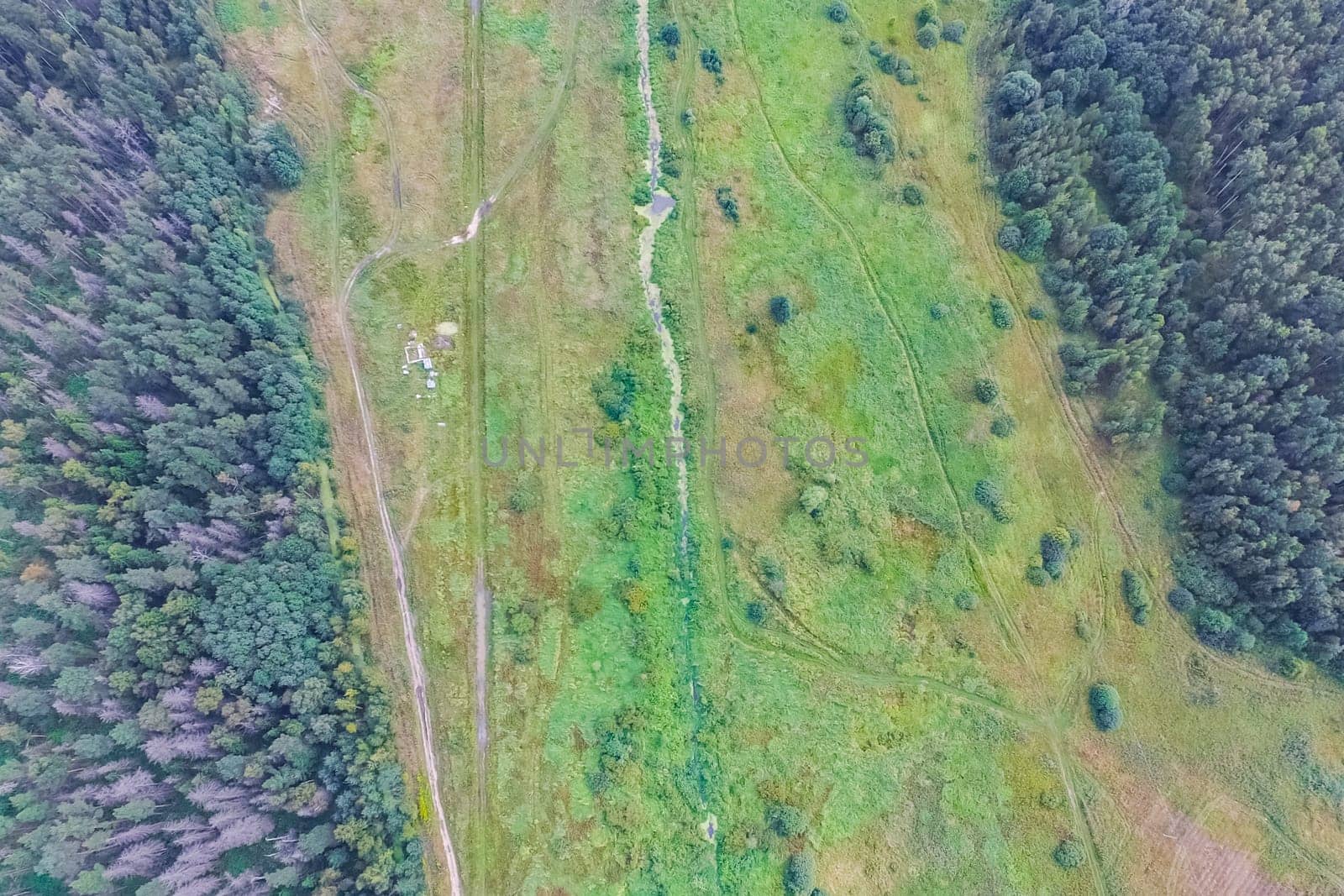 Top view of the village, fields and forests near the village