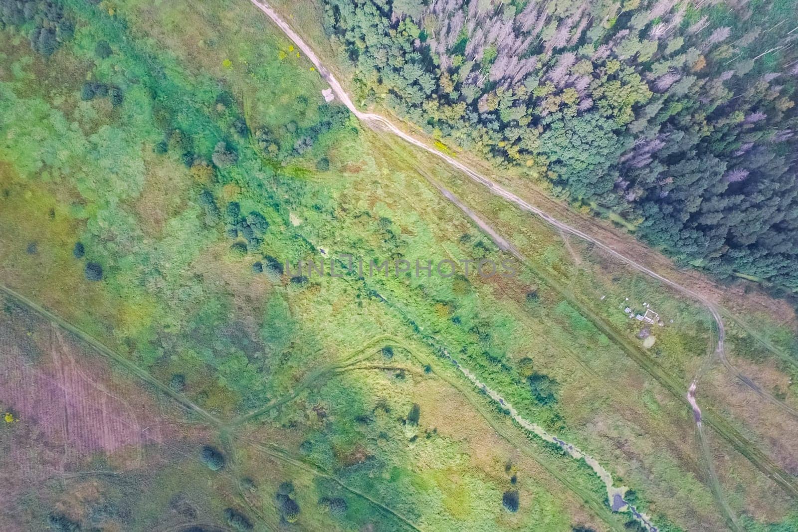 Top view of the village, fields and forests near the village