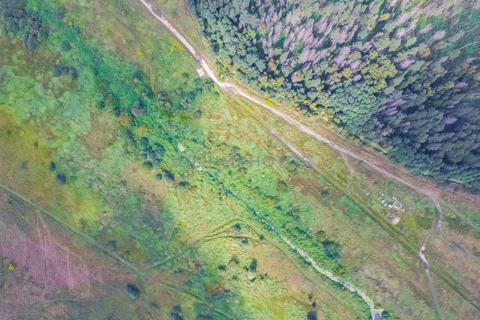 Top view of the village, fields and forests near the village