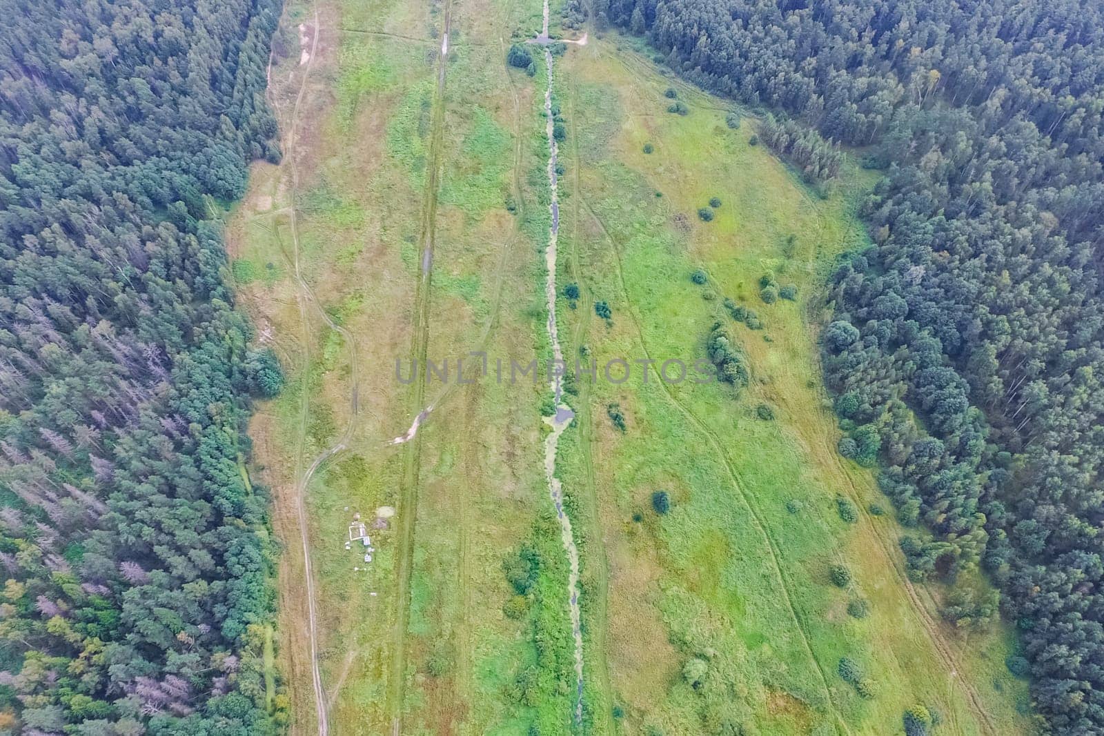 Top view of the village, fields and forests near the village