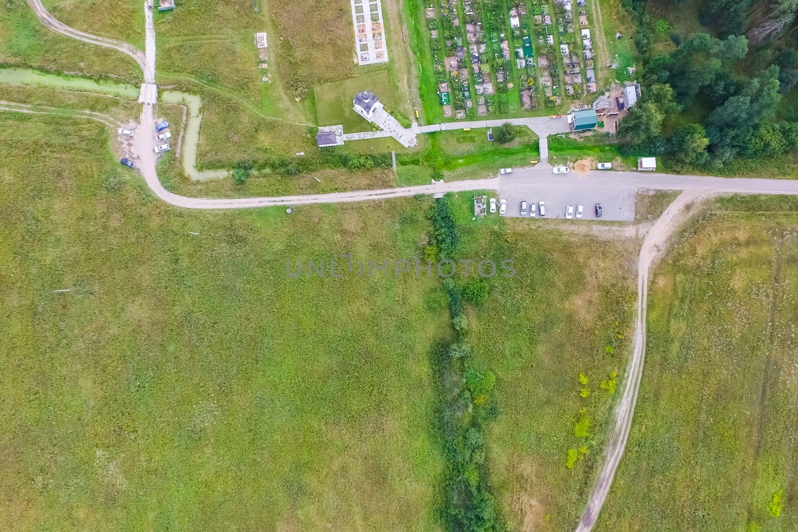 Top view of the village, fields and forests near the village