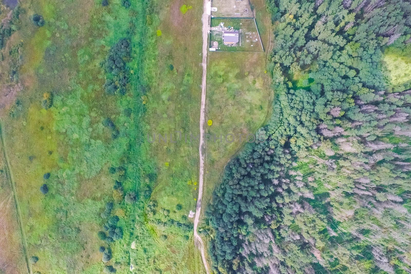 Top view of the village, fields and forests near the village