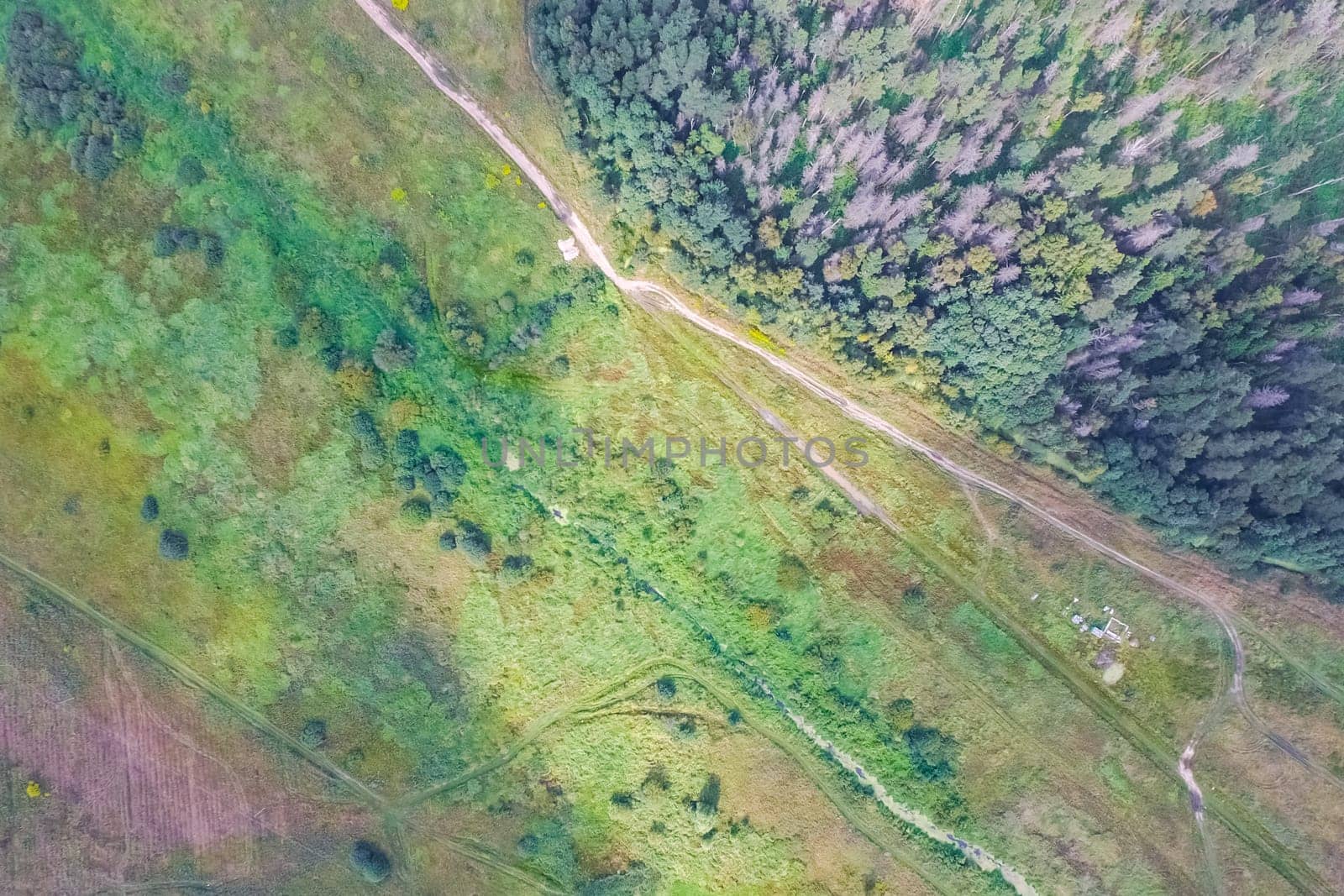 Top view of the village, fields and forests near the village