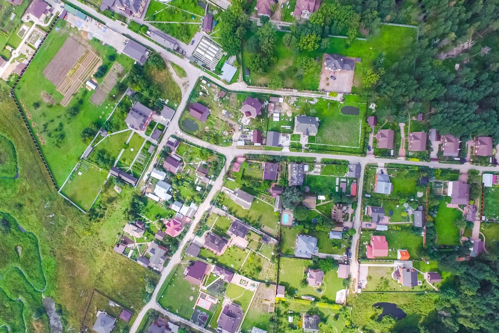 Top view of the village, fields and forests near the village