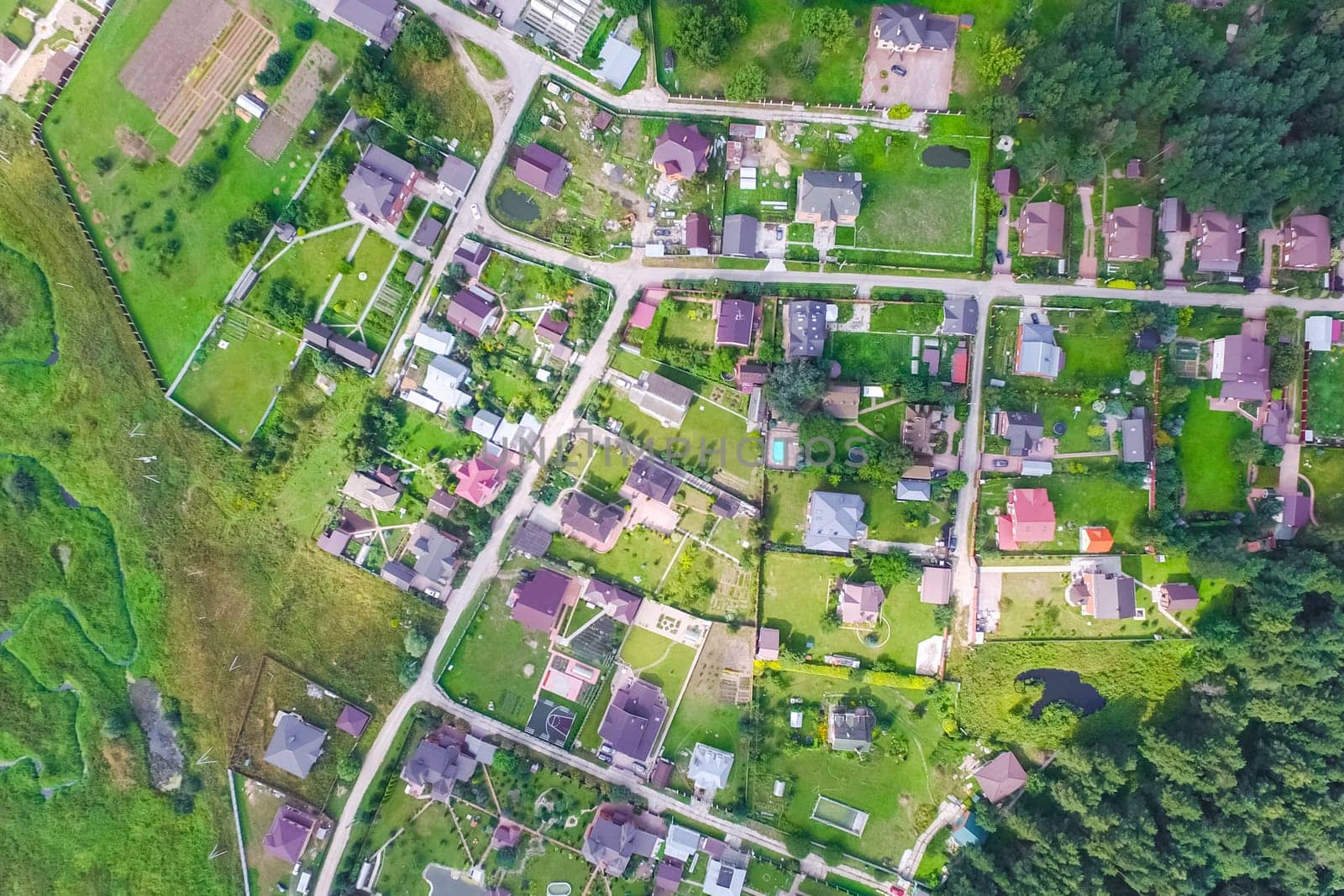 Top view of the village, fields and forests near the village