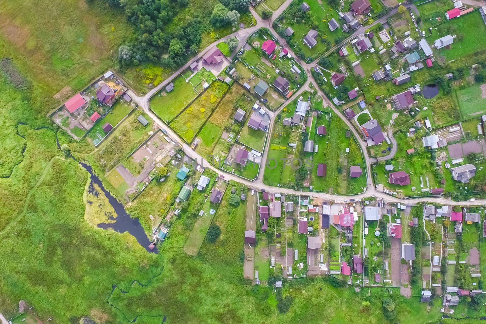 Top view of the village, fields and forests near the village