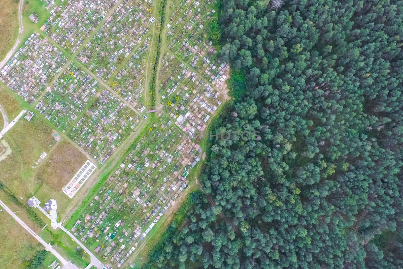Top view of the village, fields and forests near the village