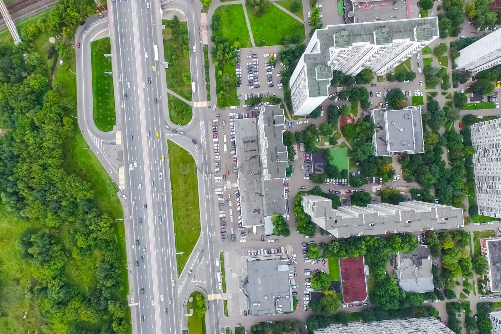 Top view of the city of Moscow, buildings and roads and other infrastructure of the city. Cityscape view from above.