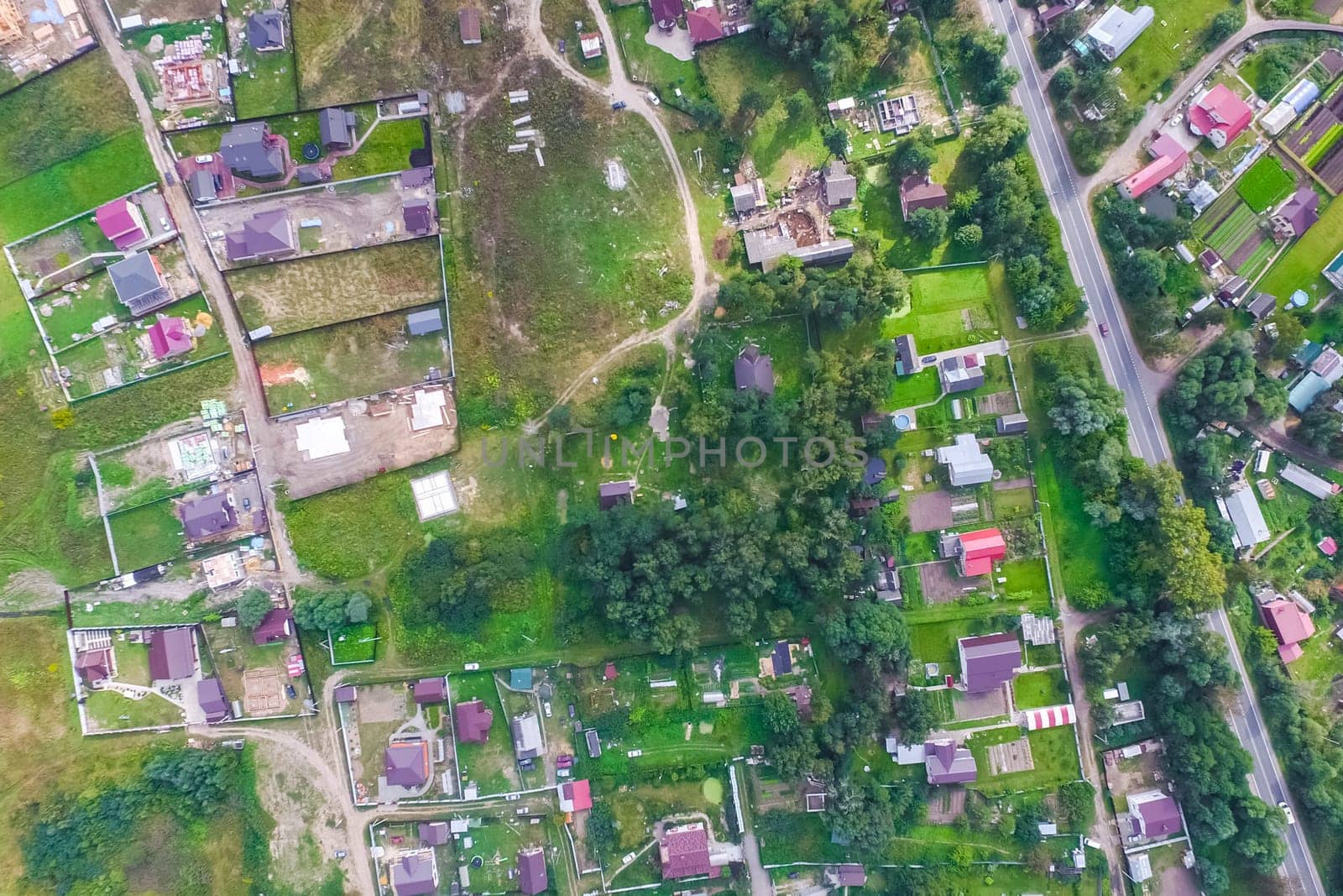 Top view of the village, fields and forests near the village