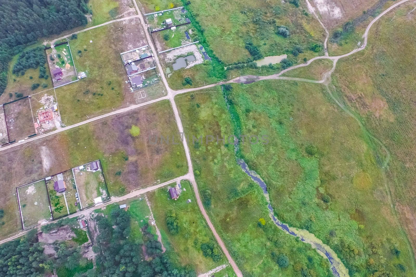 Top view of the village, fields and forests near the village