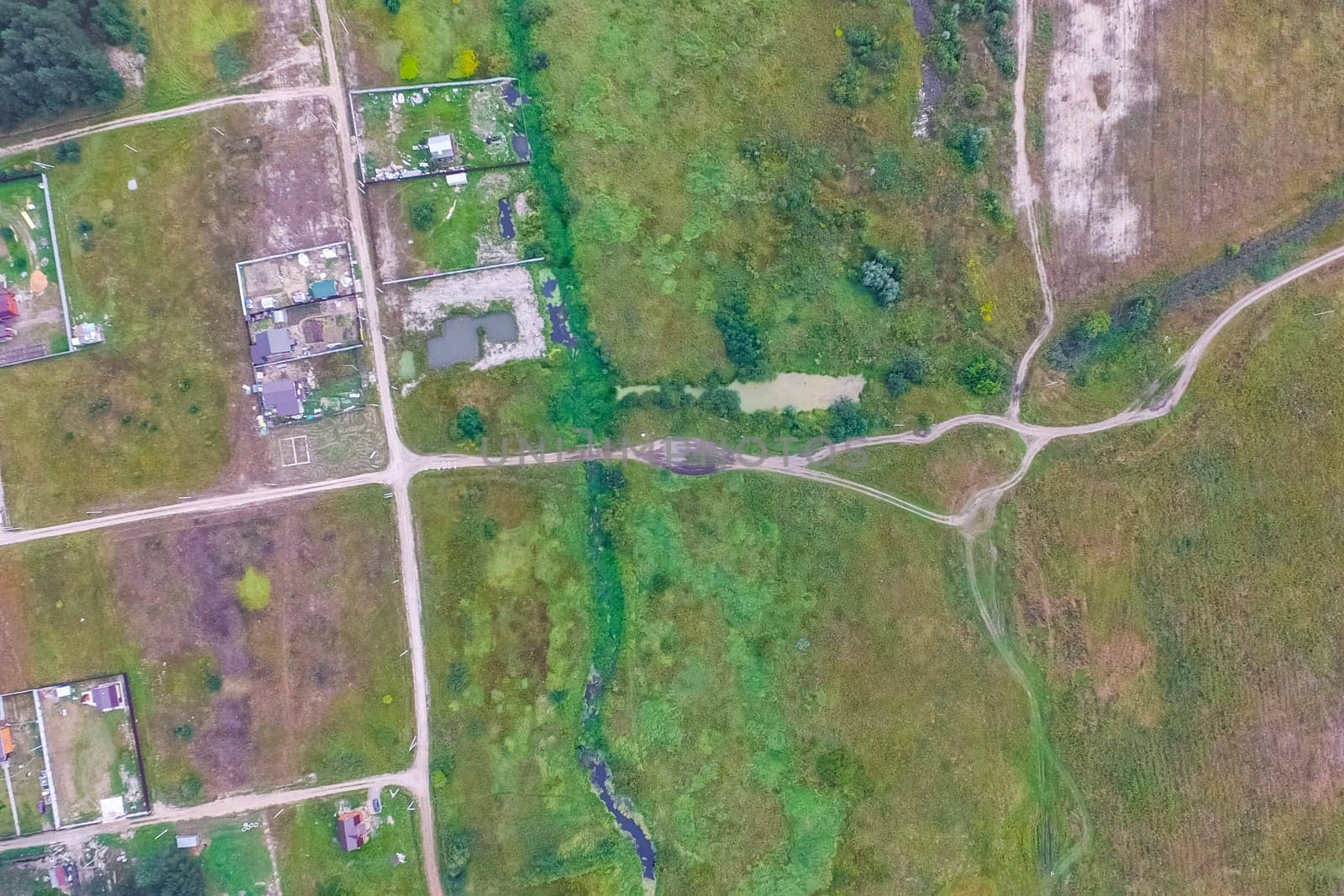 Top view of the village, fields and forests near the village