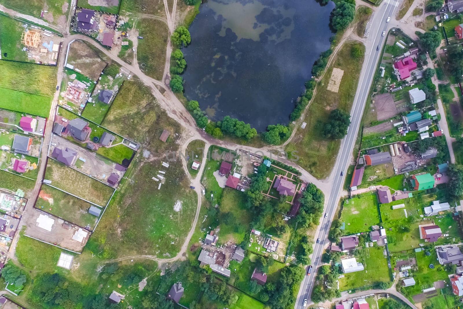Top view of the village, fields and forests near the village