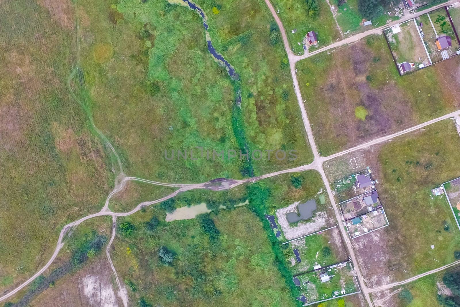 Top view of the village, fields and forests near the village