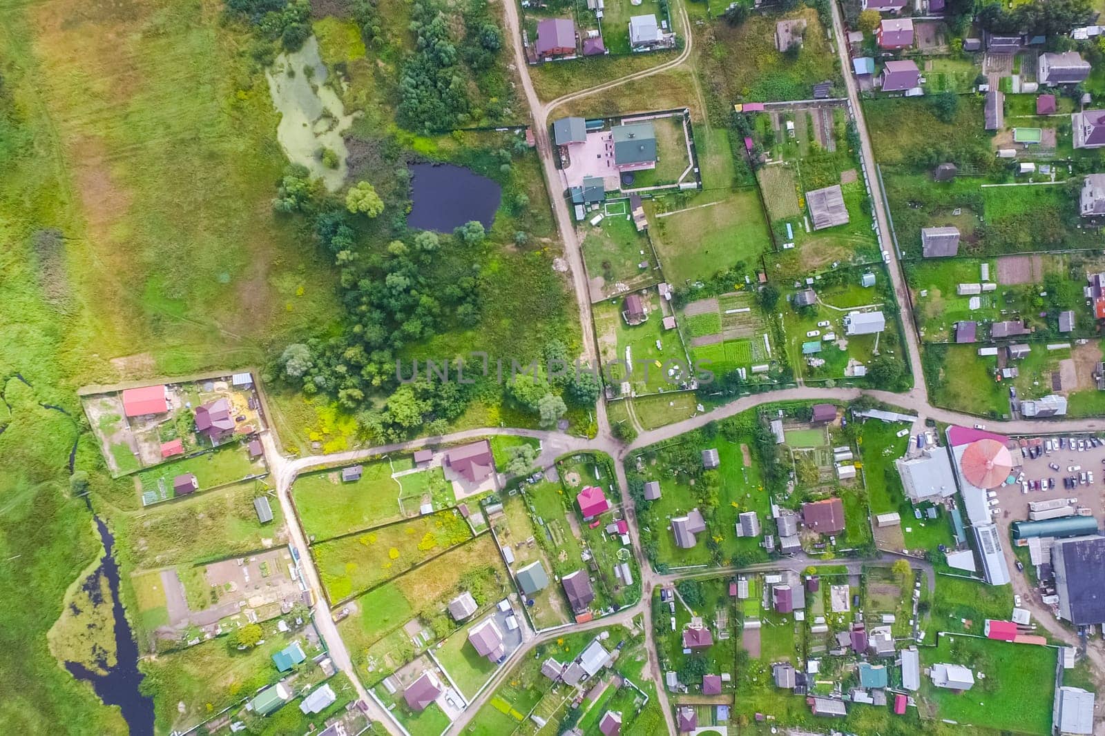 Top view of the village, fields and forests near the village