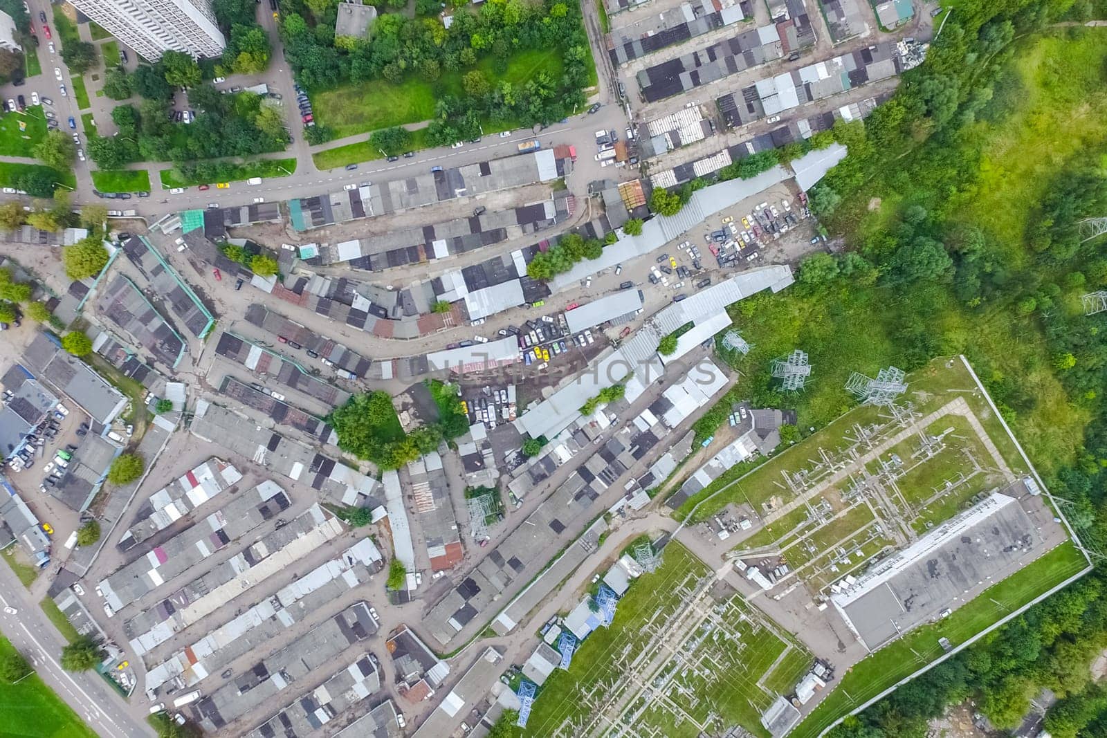 Top view of the city of Moscow, buildings and roads and other infrastructure of the city. Cityscape view from above.