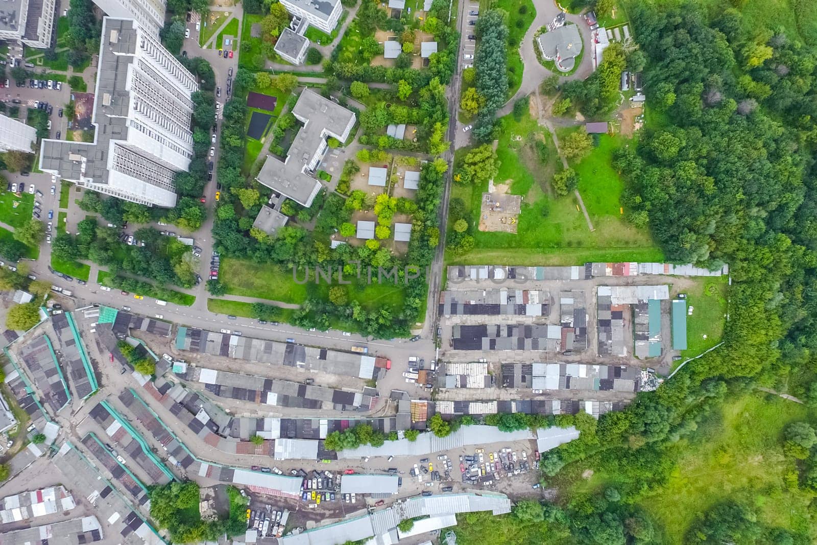 Top view of the city of Moscow, buildings and roads and other infrastructure of the city. Cityscape view from above.