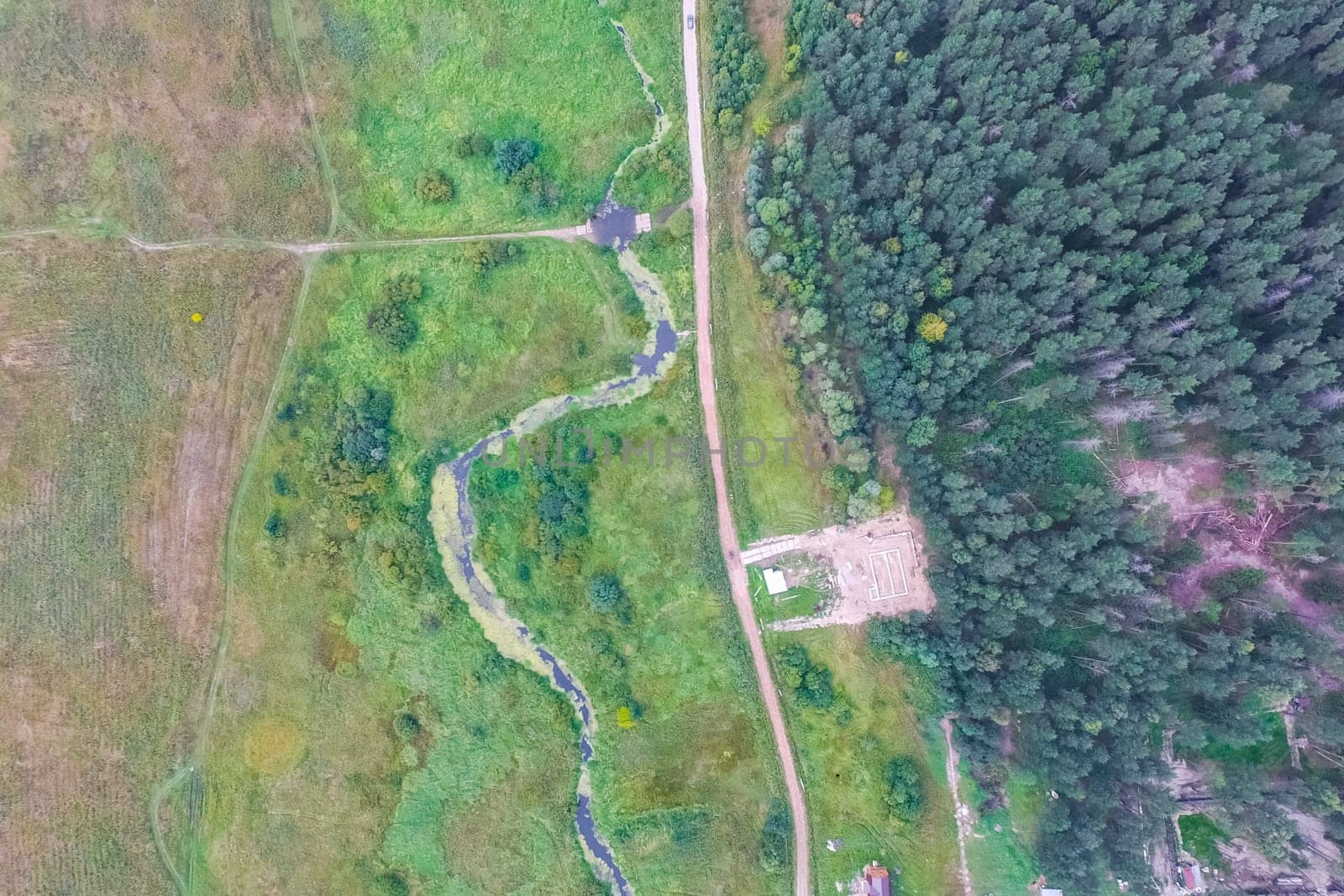 Top view of the village, fields and forests near the village