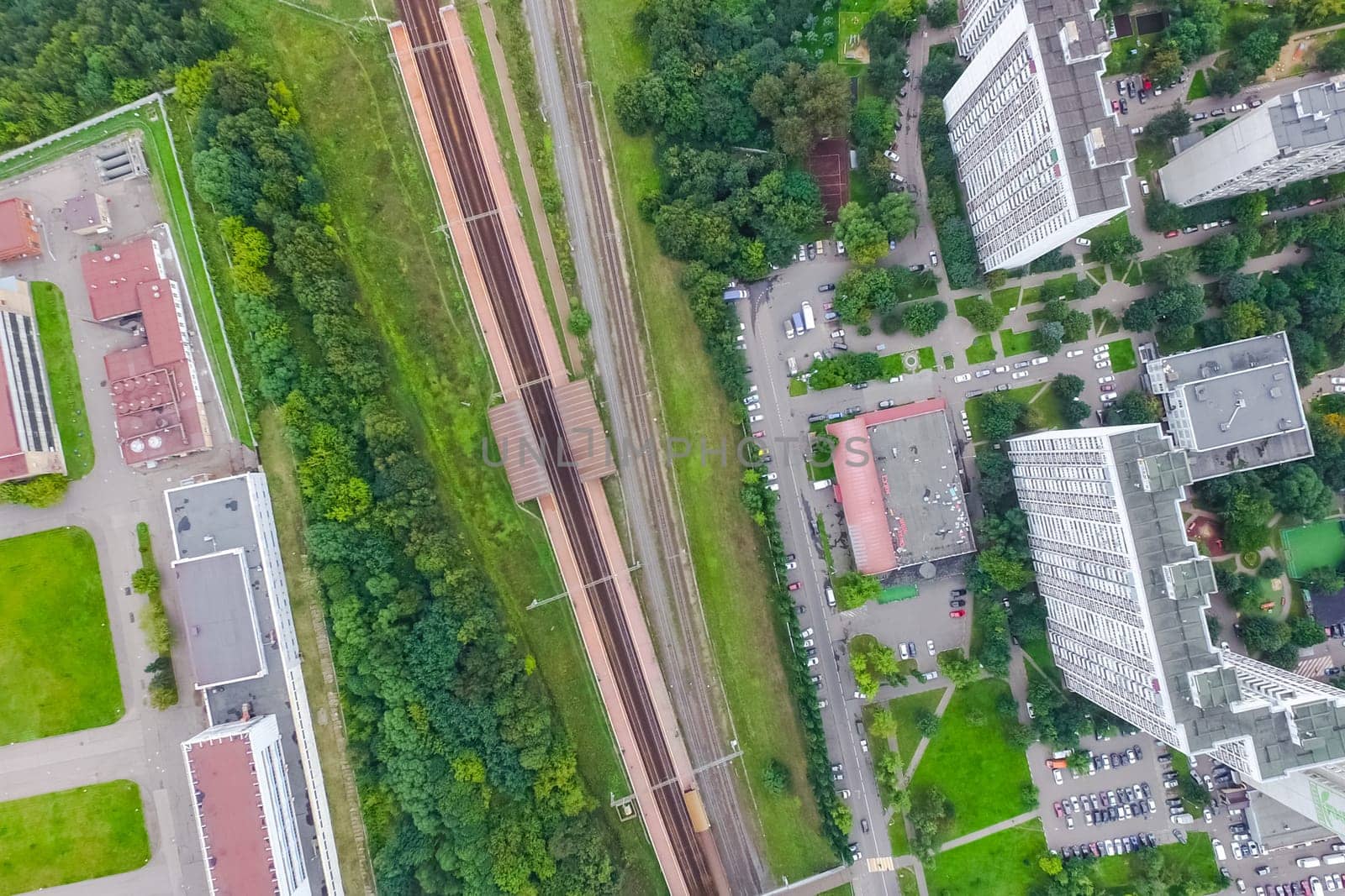 Top view of the city of Moscow, buildings and roads and other infrastructure of the city. Cityscape view from above.